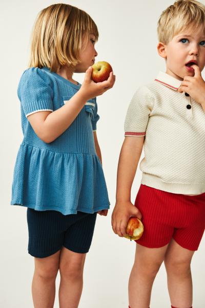 Organic Cotton Ribbed Knit Shorts with Stripe Waistband Navy