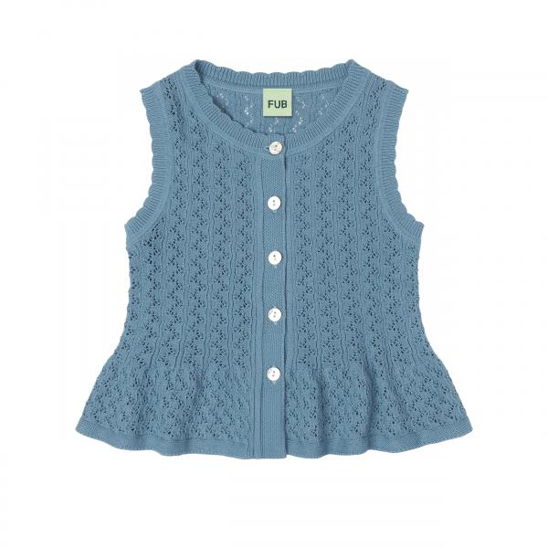 Organic Cotton Pointelle Sleeveless Knit Button Vest Top Dusty Blue