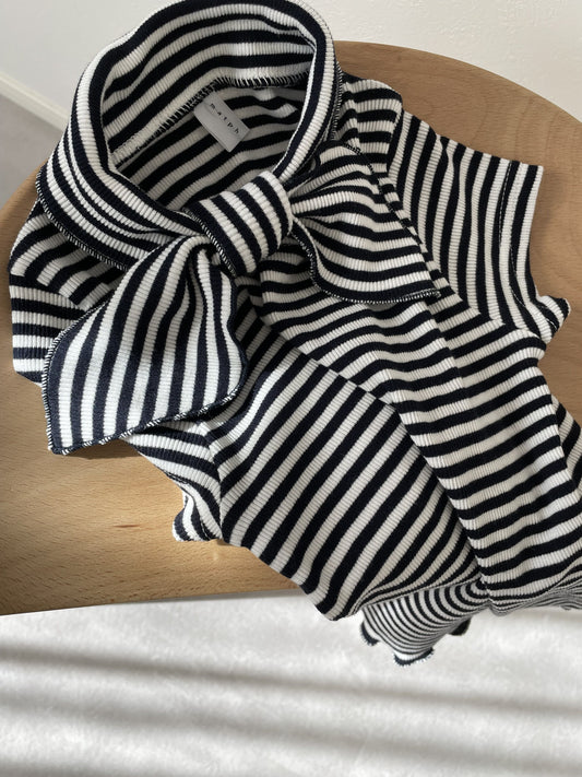 Cotton Bowtie Short Sleeves Strip T Shirt Black