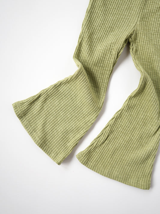 Retro Summer Ribbed Flared Modal Pants Olive Green