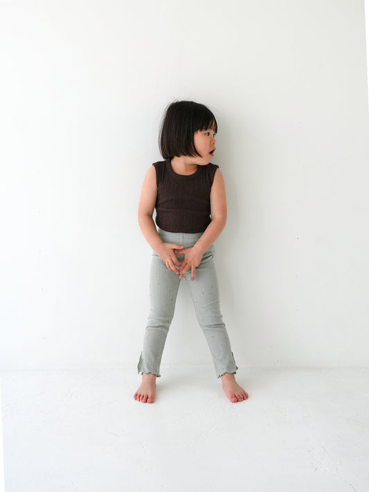 Daisy Flower Ribbed Leggings Sage Green