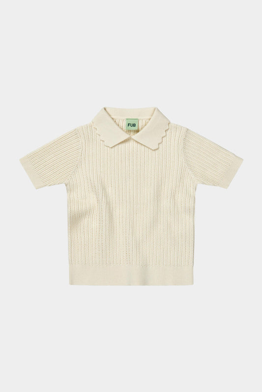 Organic Cotton Scallop Collar Short Sleeves Pointelle Rib Tee Ecru