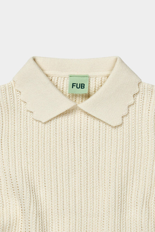 Organic Cotton Scallop Collar Short Sleeves Pointelle Rib Tee Ecru