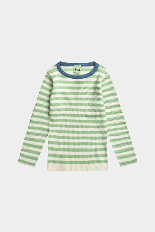 Organic Cotton Round-neck Long Sleeves Striped Rib Blouse Ecru/Emerald