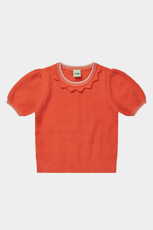 Organic Cotton Round-neck Scallop Collar Short Sleeves Structure Tee Tangerine