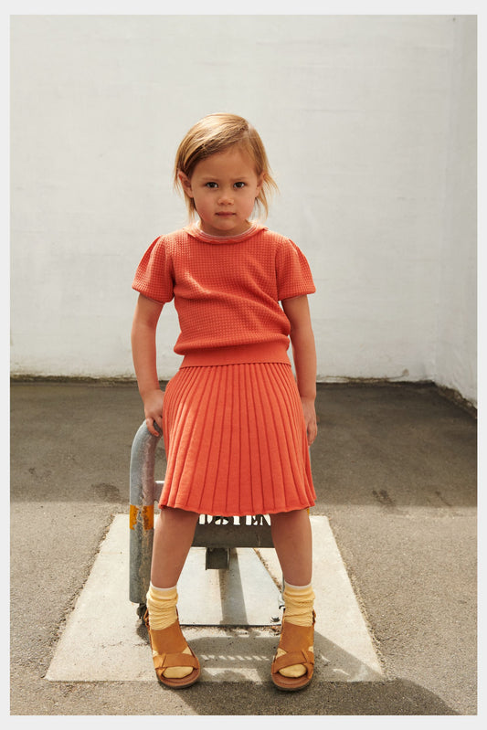 Organic Cotton Round-neck Scallop Collar Short Sleeves Structure Tee Tangerine