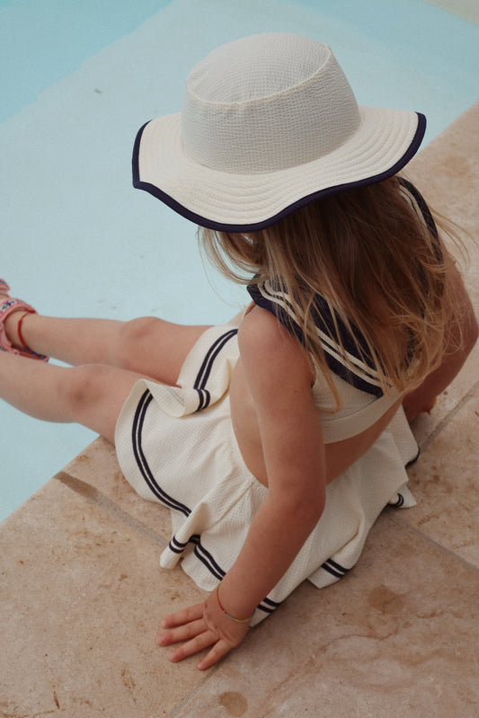 Girls Sailor Bikini Set with Cherry Embroidery Cream Navy