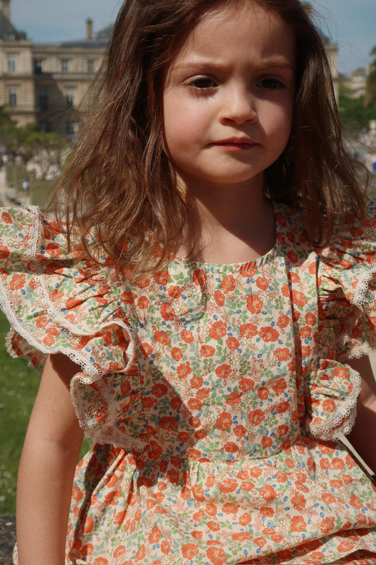 VERBENA Summer Floral Ruffle Sleeves Organic Cotton Top Flower Printed