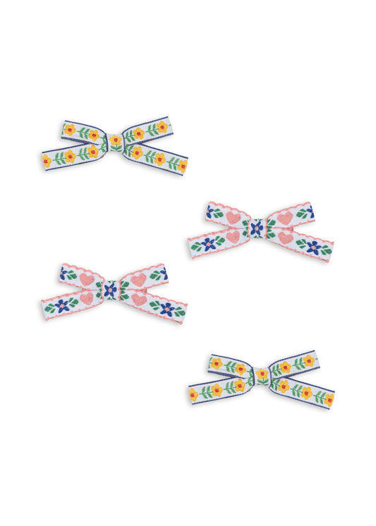 Floral Mini Bow Hair Clip Set 4 Pack Embroidered Bows