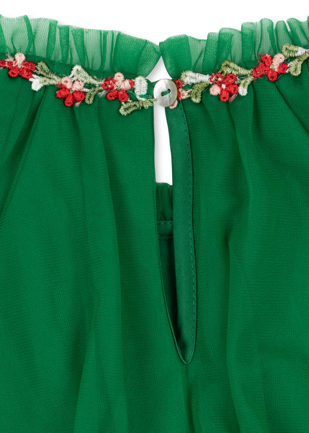 Joelle Embroidered Short Puff Sleeves Flowers Tulle Dress Green