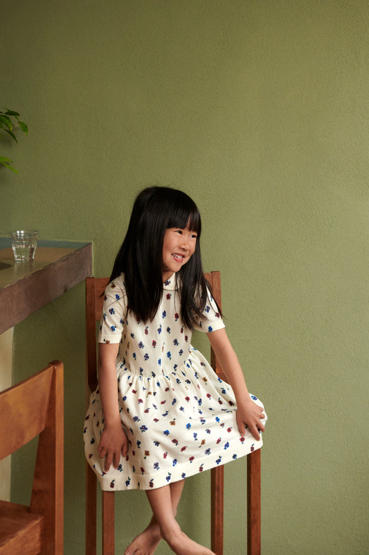 Printed Flower Organic Cotton Dress Ecru