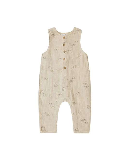 Baby Summer Button Cotton Sleeveless Jumpsuit Elephants Printed Beige