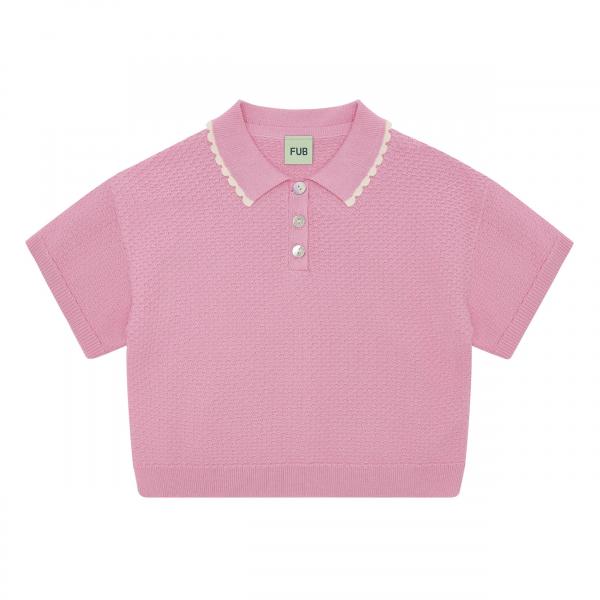 Organic Cotton Pique Oversize Short Sleeves Knit Scallop Collar Polo Soft Pink
