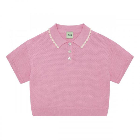 Organic Cotton Pique Oversize Short Sleeves Knit Scallop Collar Polo Soft Pink