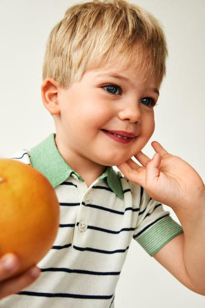 Organic Cotton Cream & Navy Striped Short Sleeves Shirt with Green Collar Knit Polo