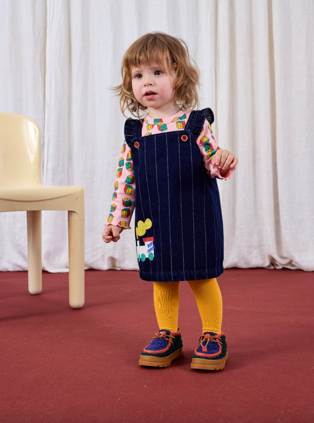 Bobo Choo Choo Baby Organic Cotton Denim Sleeveless Ruffle Strap Dress with Train Print Navy Blue