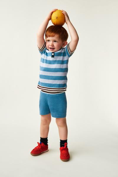Organic Cotton Ribbed Knit Shorts with Stripe Waistband Blue