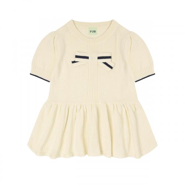 Organic Cotton Short Sleeves Bow Cream Knit Peplum Knit Top Ecru