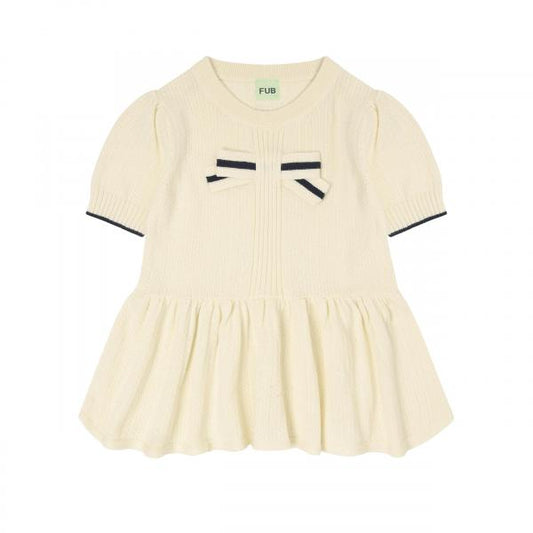 Organic Cotton Short Sleeves Bow Cream Knit Peplum Knit Top Ecru