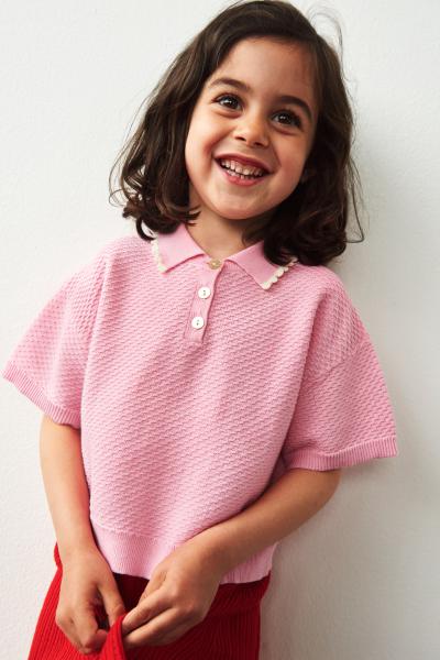 Organic Cotton Pique Oversize Short Sleeves Knit Scallop Collar Polo Soft Pink