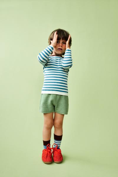 Organic Cotton Rib Long Sleeves Stripe Knit Jumper with Contrast Collar Blouse Blue & Cream