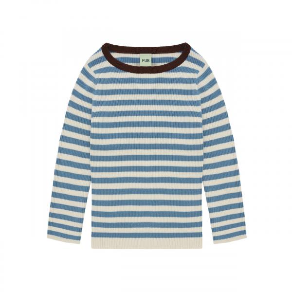 Organic Cotton Rib Long Sleeves Stripe Knit Jumper with Contrast Collar Blouse Blue & Cream