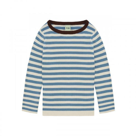 Organic Cotton Rib Long Sleeves Stripe Knit Jumper with Contrast Collar Blouse Blue & Cream