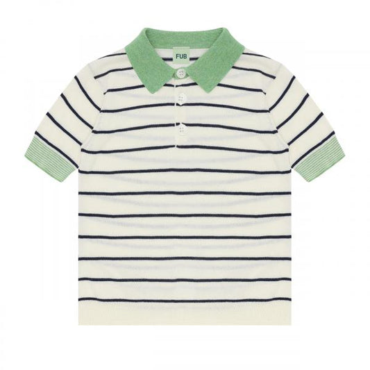 Organic Cotton Cream & Navy Striped Short Sleeves Shirt with Green Collar Knit Polo
