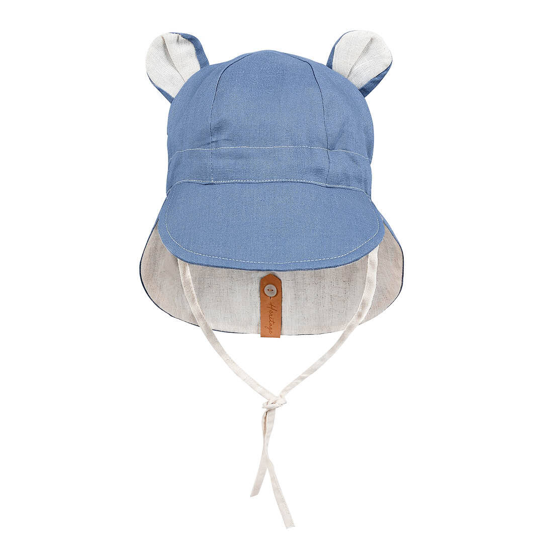 Baby Reversible Teddy Flap Linen Summer Sun Hat Steele / Flax