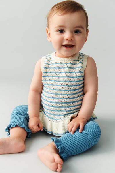 FUB Organic Cotton Pointelle Knit Sleeveless Top Blue Cream