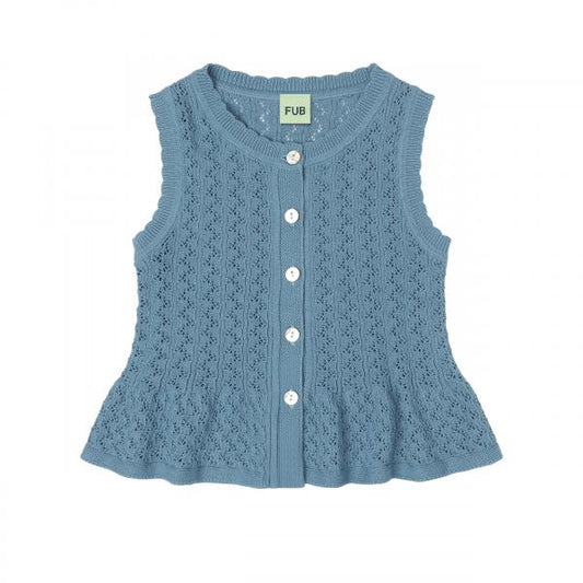 Organic Cotton Pointelle Sleeveless Knit Button Vest Top Dusty Blue