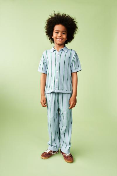 Organic Cotton FUB Blue & Green Stripe Button-Up Knit Polo Shirt