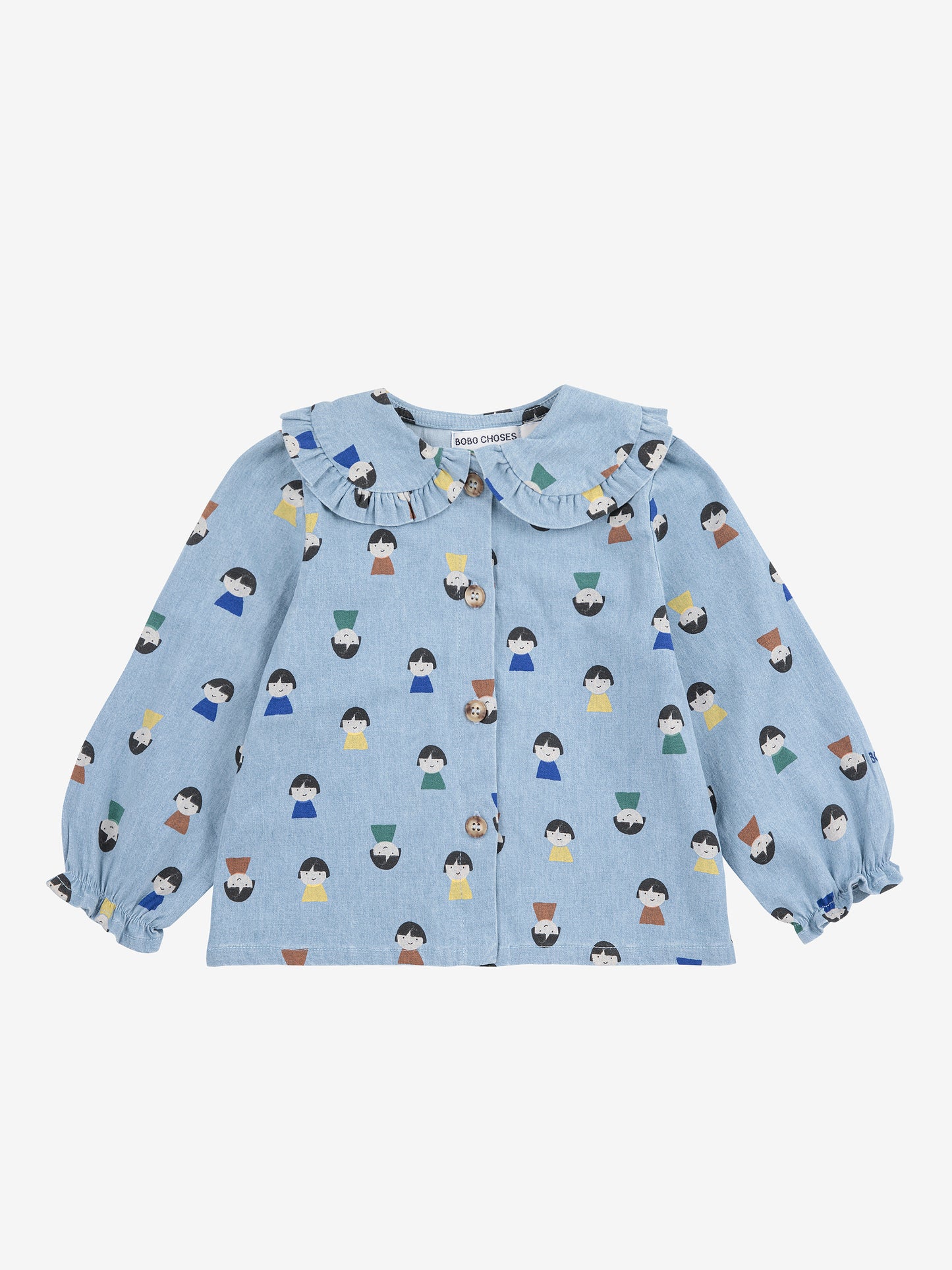 Game Pawns All Over Faces Print Button-Up Light Denim Blouse Light Blue