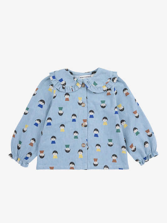 Game Pawns All Over Faces Print Button-Up Light Denim Blouse Light Blue