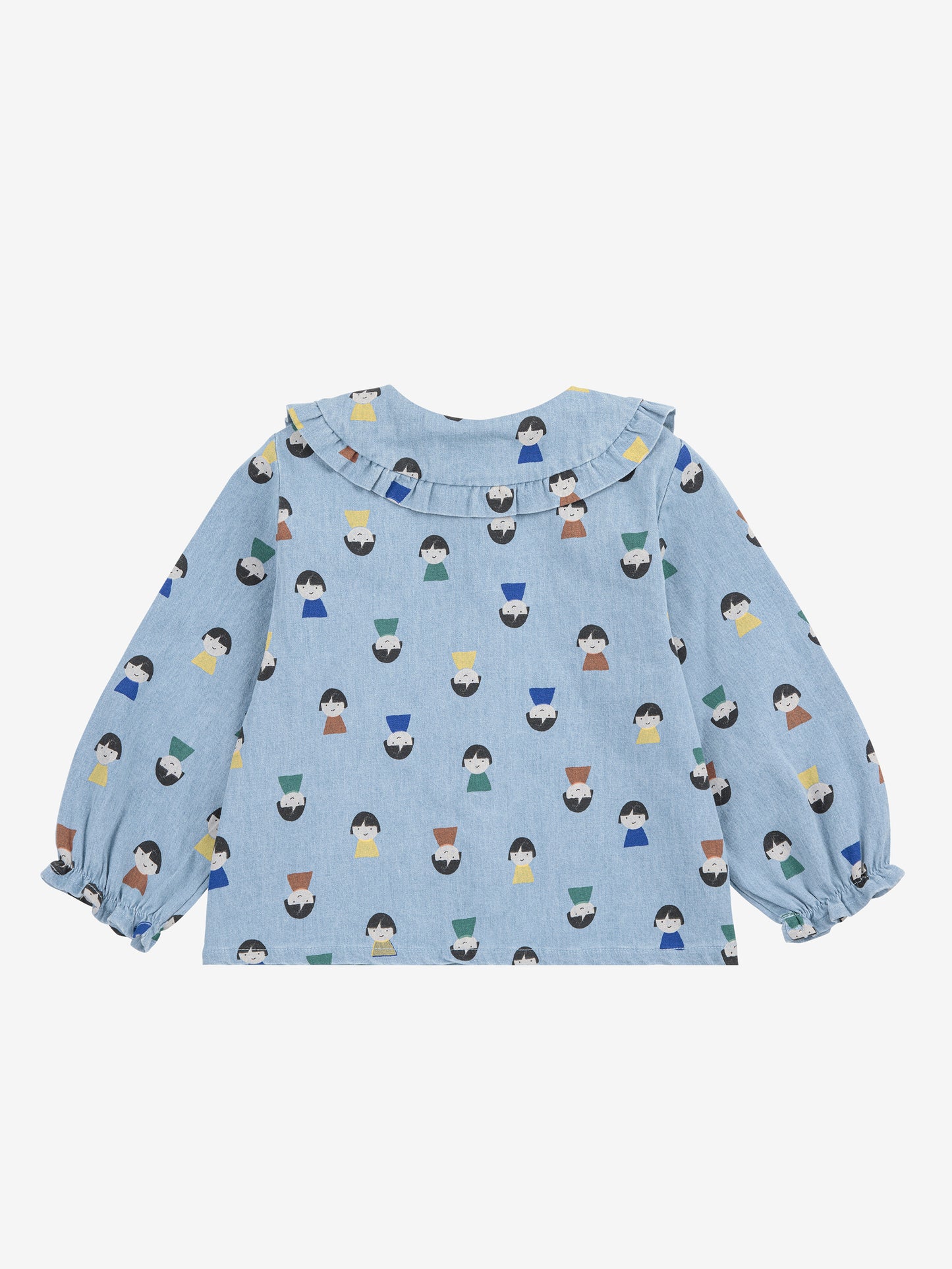 Game Pawns All Over Faces Print Button-Up Light Denim Blouse Light Blue