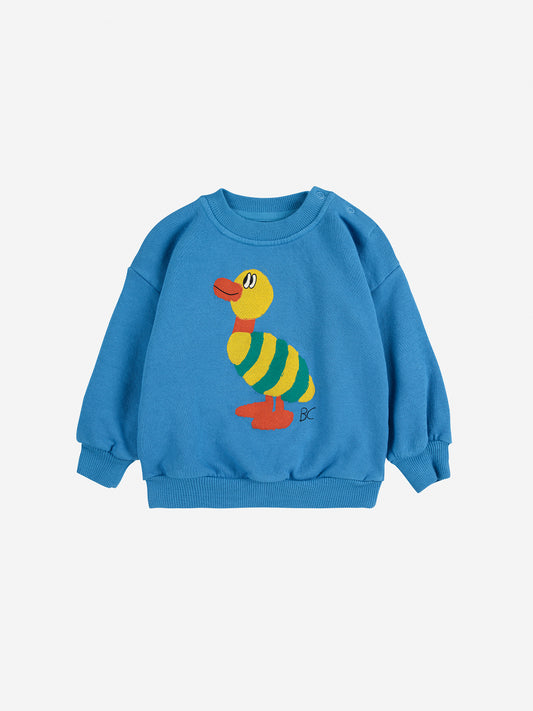 Organic Cotton Striped Duck Long Sleeves Woven Round Neck Sweatshirt Blue