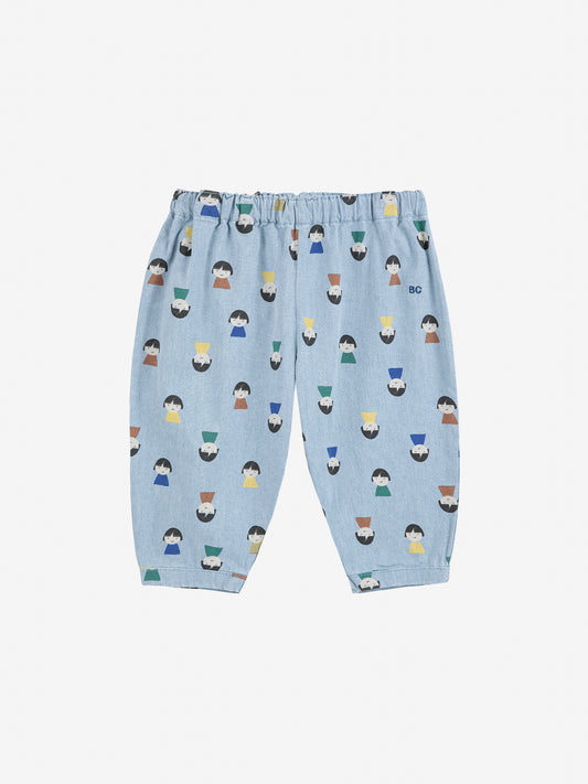 Game Pawns all over light denim Poplin Trousers with Faces Print Light Blue