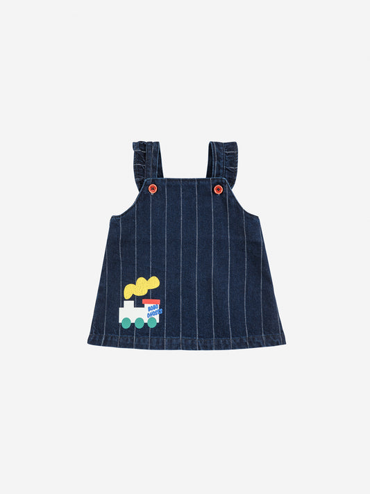 Bobo Choo Choo Baby Organic Cotton Denim Sleeveless Ruffle Strap Dress with Train Print Navy Blue