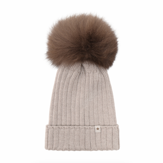 Huttelihut Kids Wool Alpaca Pompom Knit Beanie Camel Melange