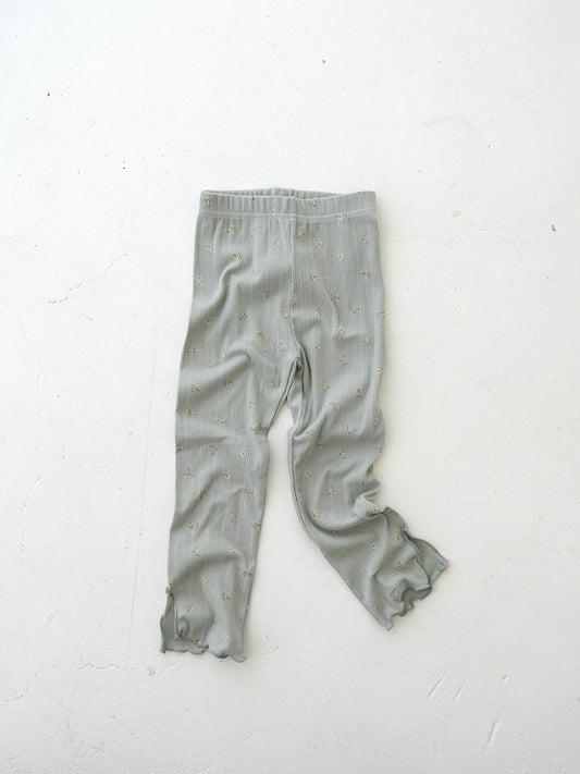 Daisy Flower Ribbed Leggings Sage Green