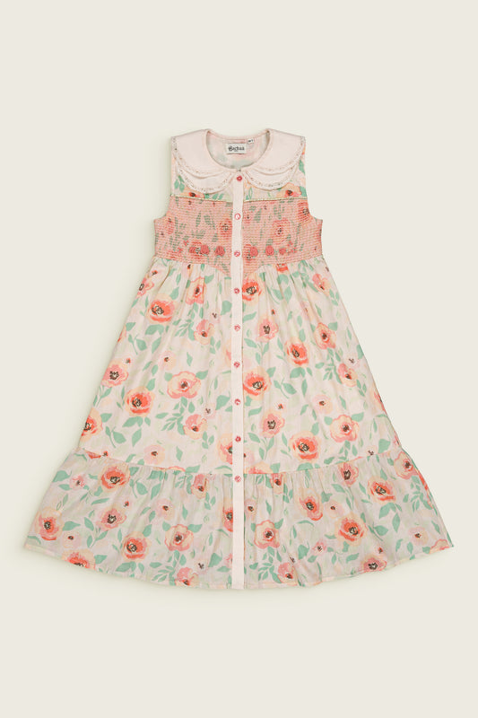 Eglantine Vintage Floral Smocked Sleeveless Button Front Dress