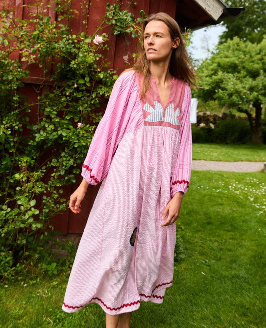 Sissel Edelbo Gaia Women Pink Seersucker Long Sleeves Maxi Dress Rose Mix
