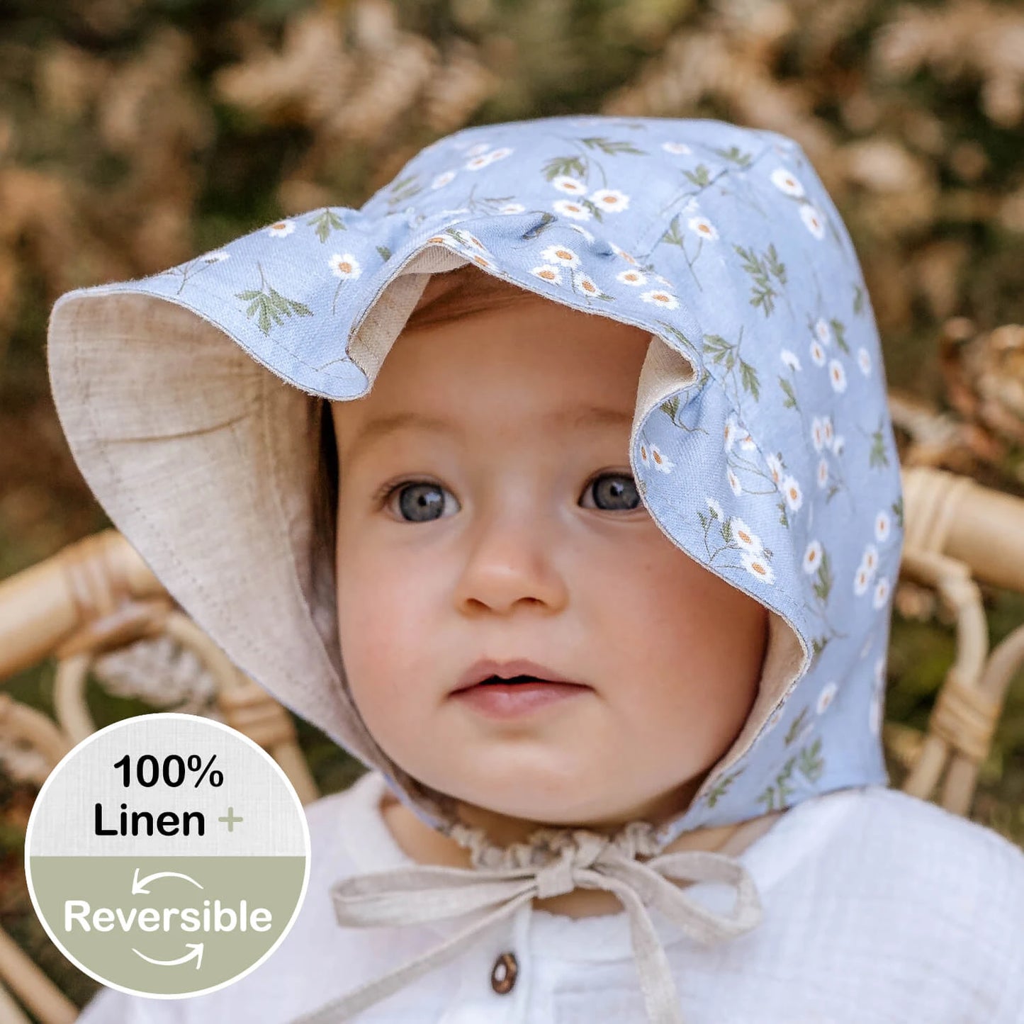 'Searcher' Ruffle Bonnet Linen Reversible Sun Hat - Daisy / Flax