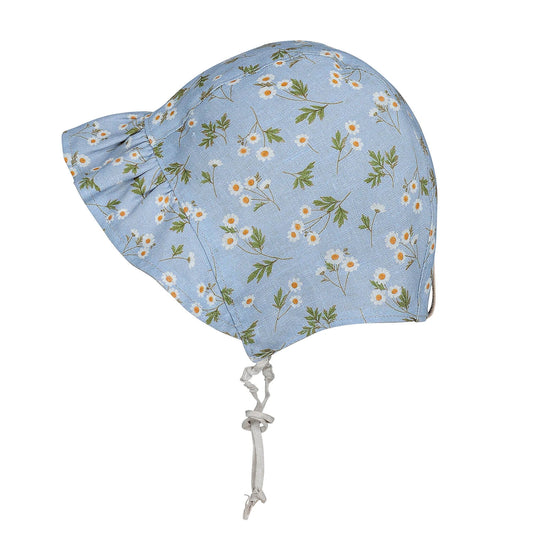 'Searcher' Ruffle Bonnet Linen Reversible Sun Hat - Daisy / Flax