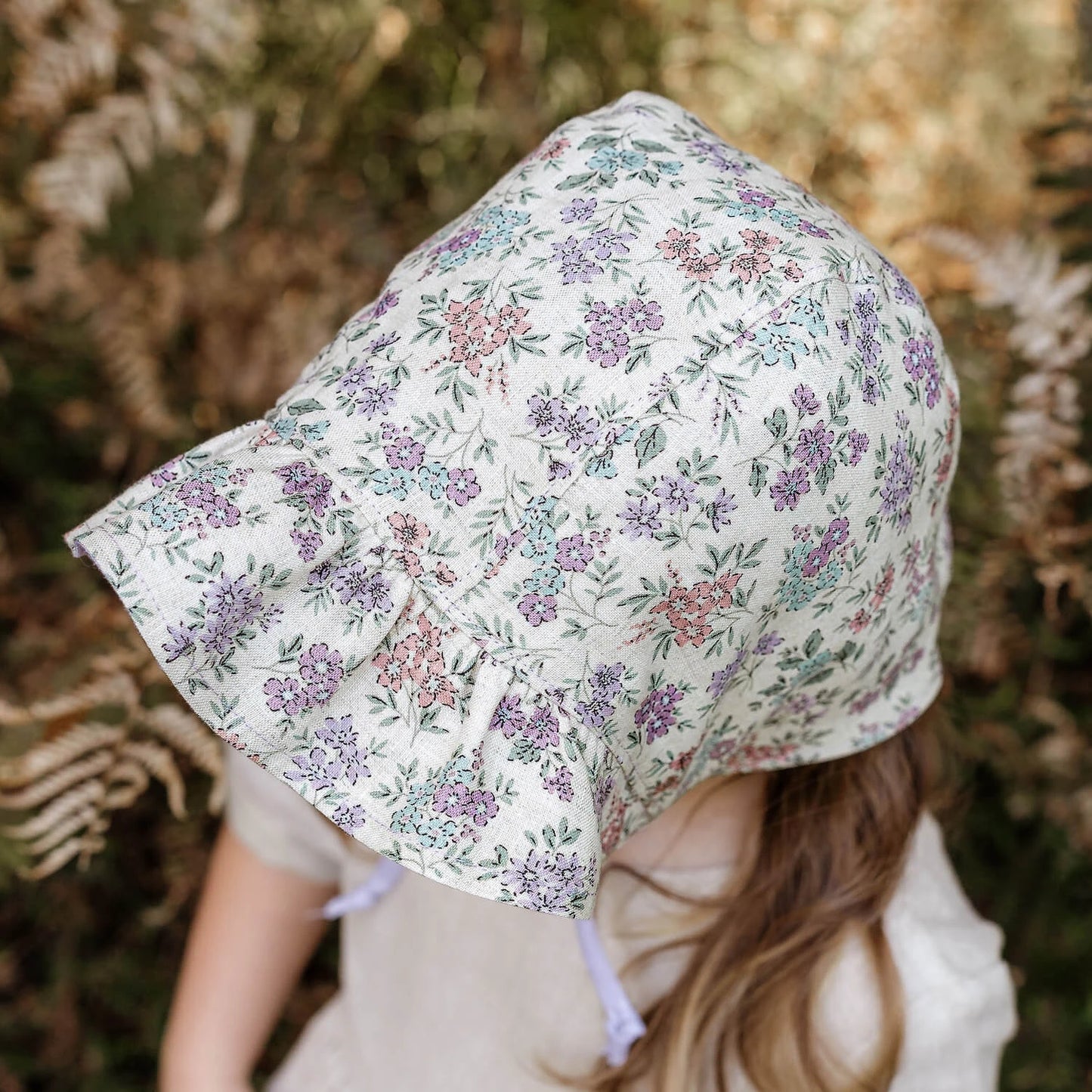 'Searcher' Ruffle Bonnet Linen Reversible Sun Hat - Laura / Viola