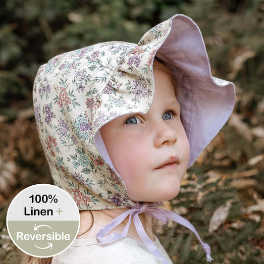 'Searcher' Ruffle Bonnet Linen Reversible Sun Hat - Laura / Viola