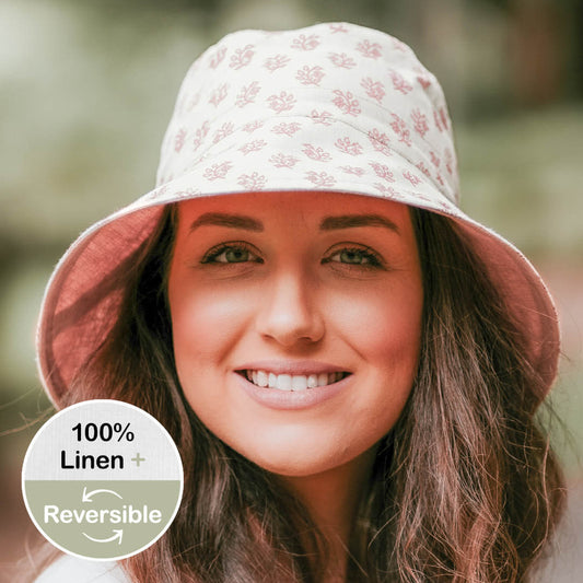Adult Linen Reversible Summer Bucket Sun Hat Pippa / Rosa