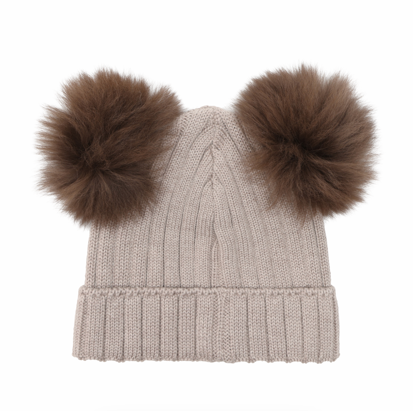 Huttelihut Kids Double Pom Pom Ribbed Knit Beanie Oatmeal