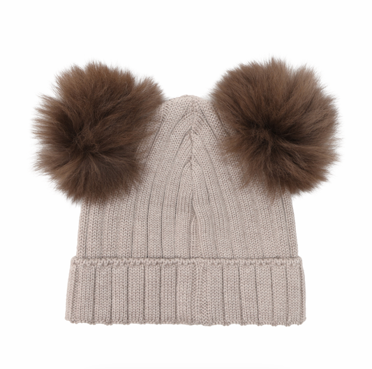 Huttelihut Kids Double Pom Pom Ribbed Knit Beanie Oatmeal