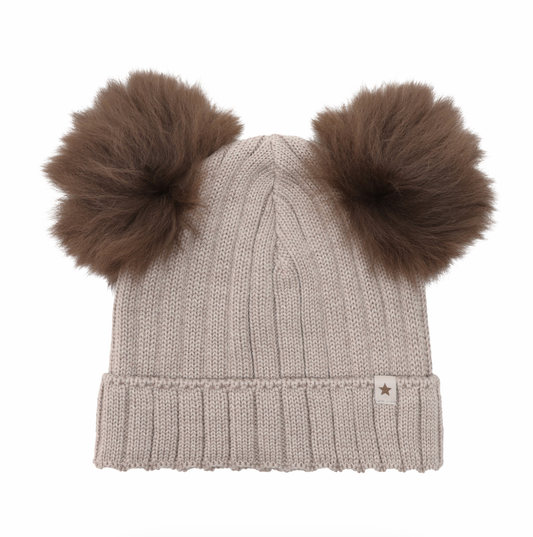 Huttelihut Kids Double Pom Pom Ribbed Knit Beanie Oatmeal